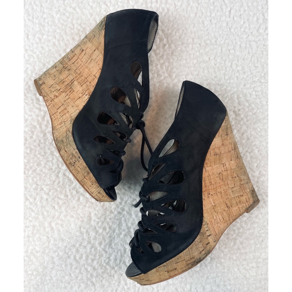 HINGE • Lea Black Suede Leather Lace-Up Cork Sandal Wedges, 8 - Picture 13 of 16
